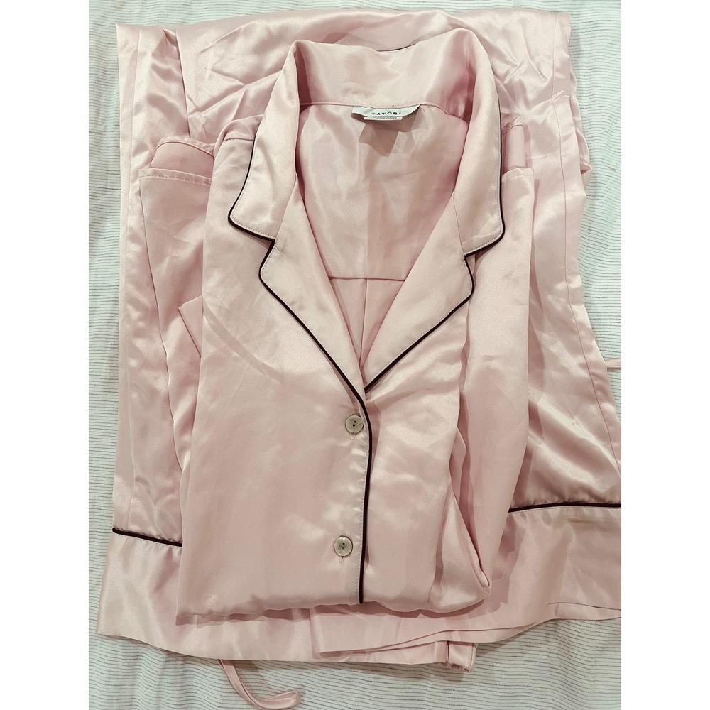 Natori Pink Satin Pajama Set XL Long Sleeve Button Down Contrast Piping 2pc